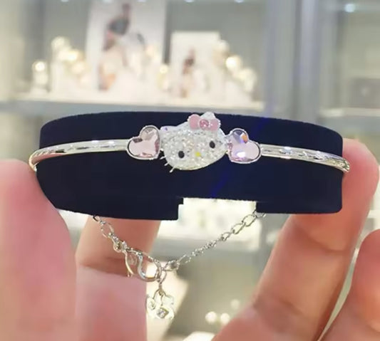 Sanrio Hello Kitty Bracelet Cute Cartoon KT Cat Rhinestone Zircon Mosaic 925 Silver Girl Fashion Ornaments Jewelry Holiday Gift